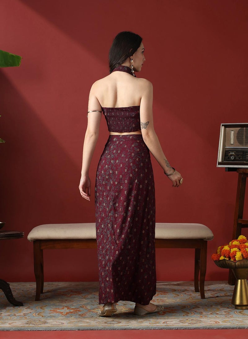 Globus Women Maroon Floral Print Smock Detail Halter Neck Crop Top With Pleated Maxi Skirt Fusion Co-Ord Set - Image 4